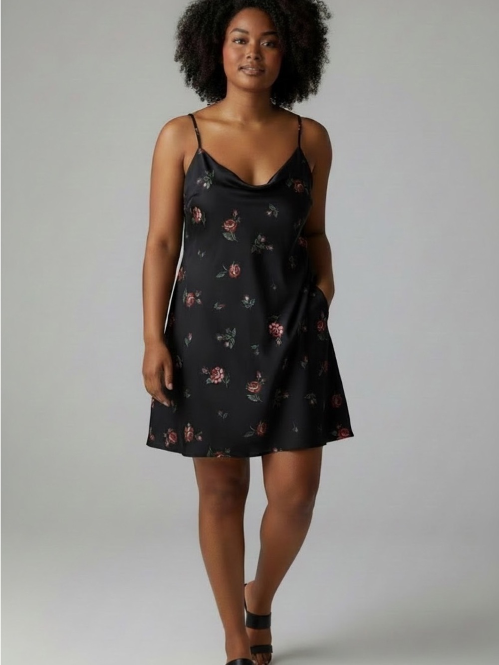 bp NWT Black Floral Satin Slip Dress with Rose Print Nordstrom Lightweight Cowl